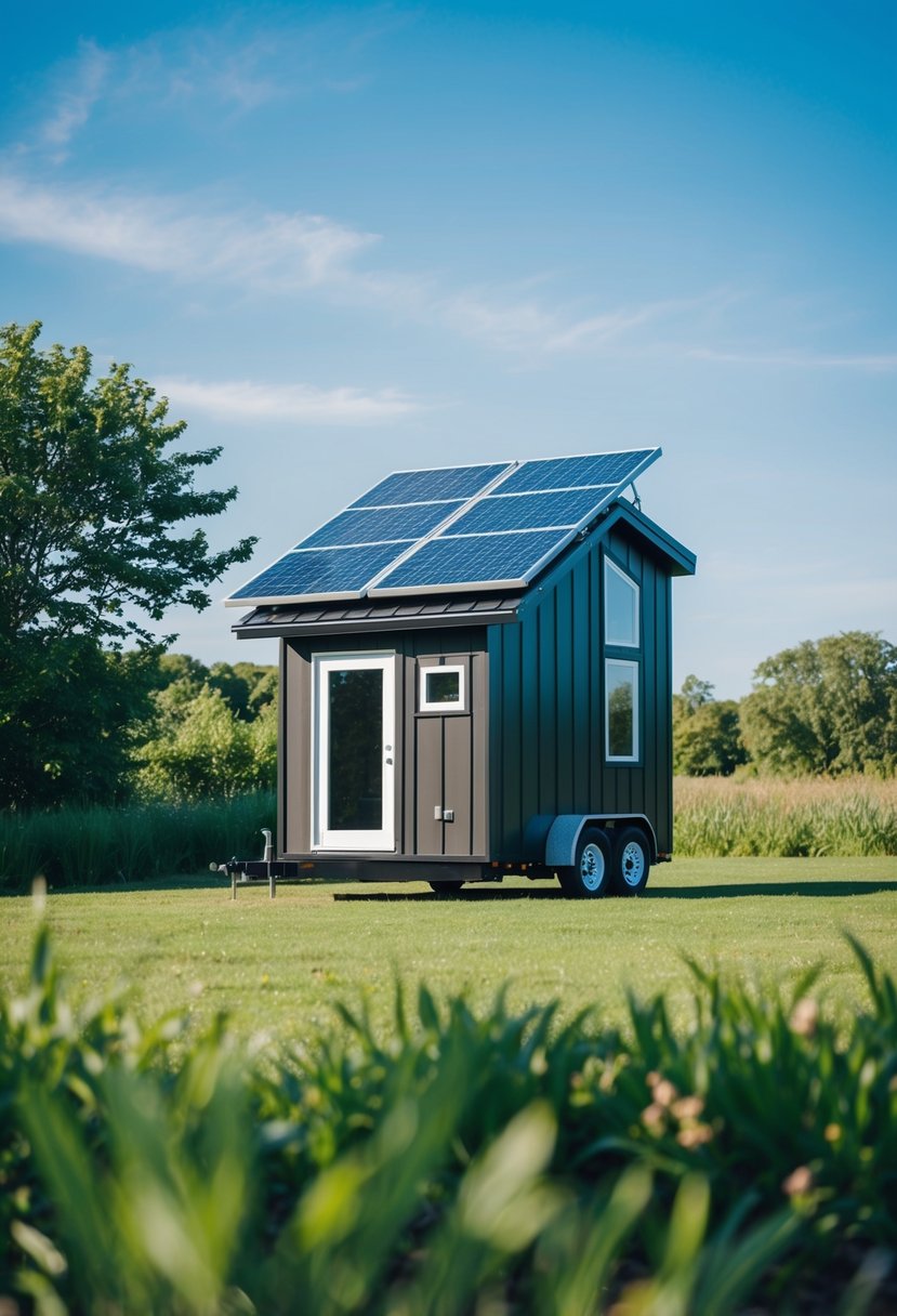 A small, sleek tiny house with solar panels on the roof, surrounded by lush greenery and a clear blue sky