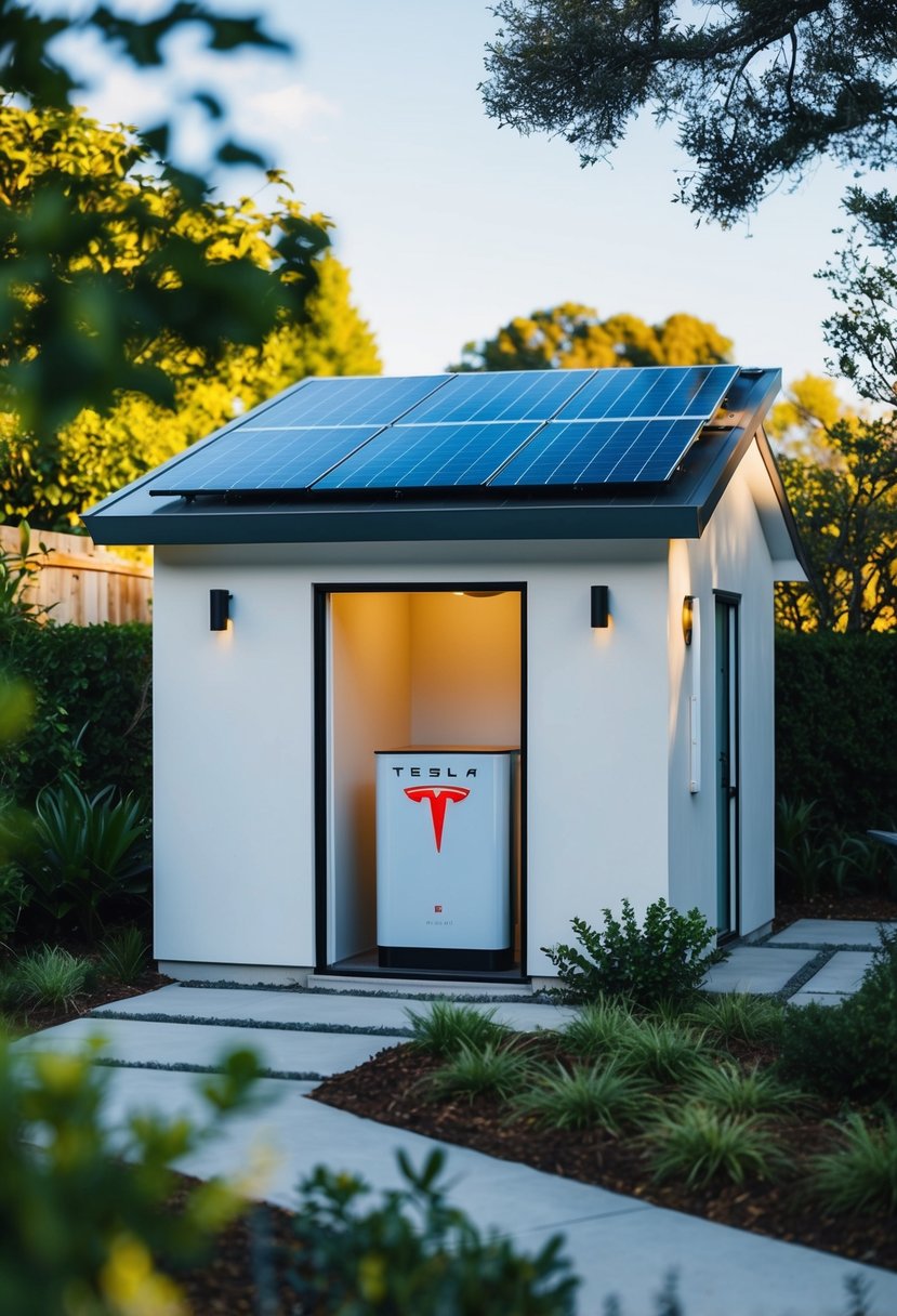 A small, modern home with solar panels on the roof and a sleek Tesla battery unit inside, surrounded by greenery