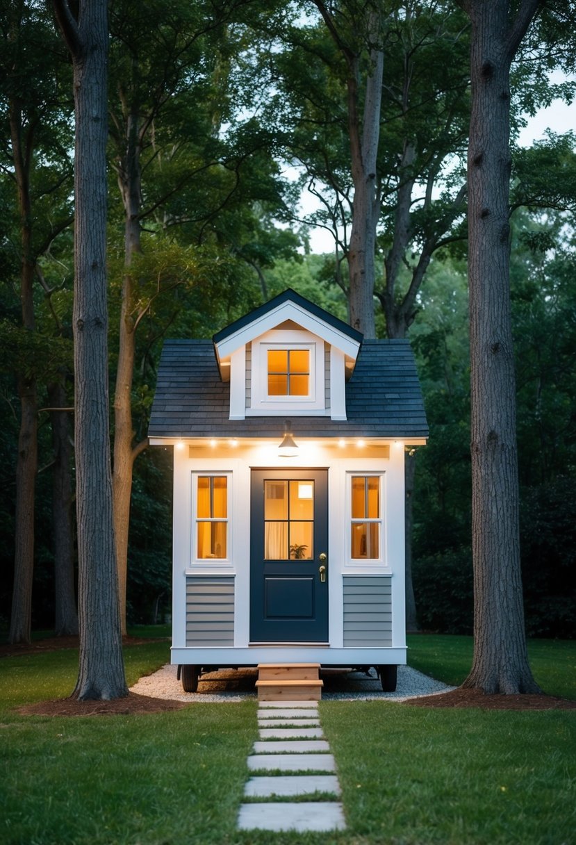 A tiny house surrounded by trees, with a small pathway leading up to the front door. The house is well-lit and has a cozy, inviting feel to it