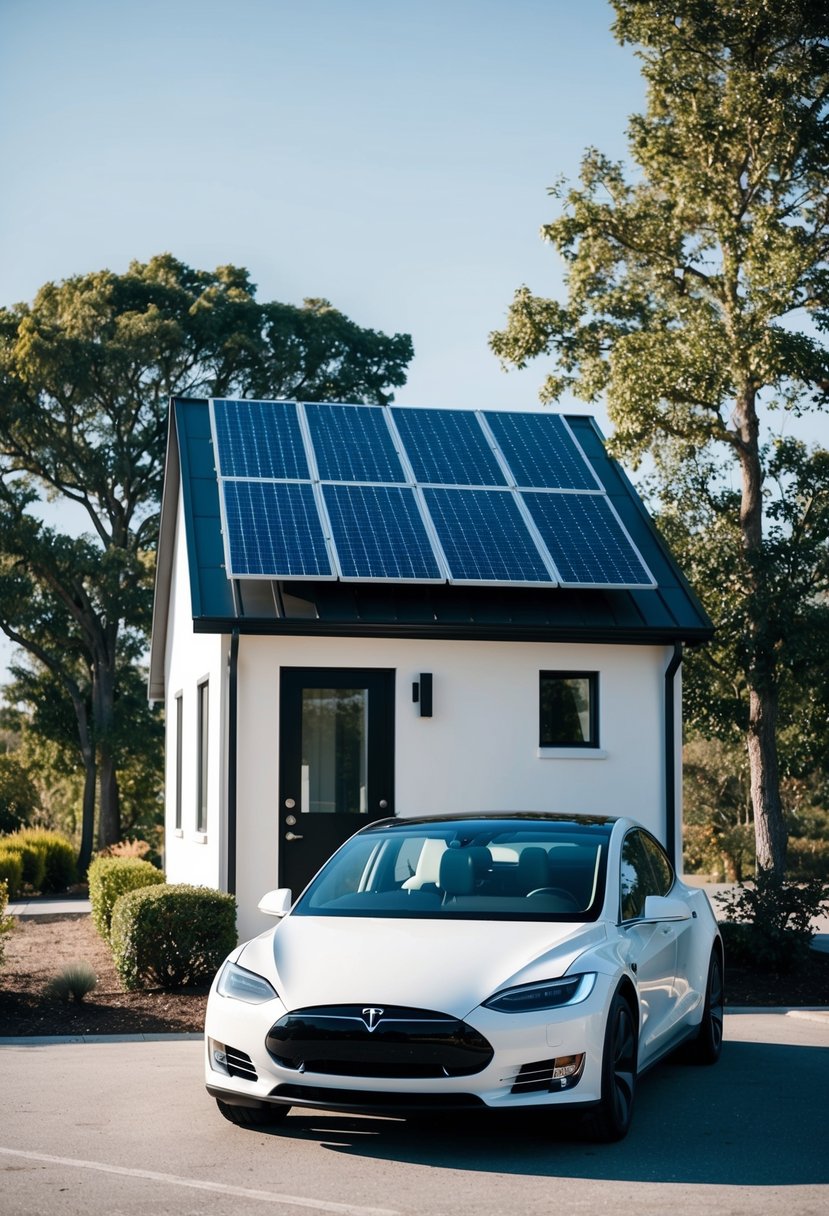 A small, sleek house with solar panels and a Tesla car parked outside, surrounded by trees and clear skies