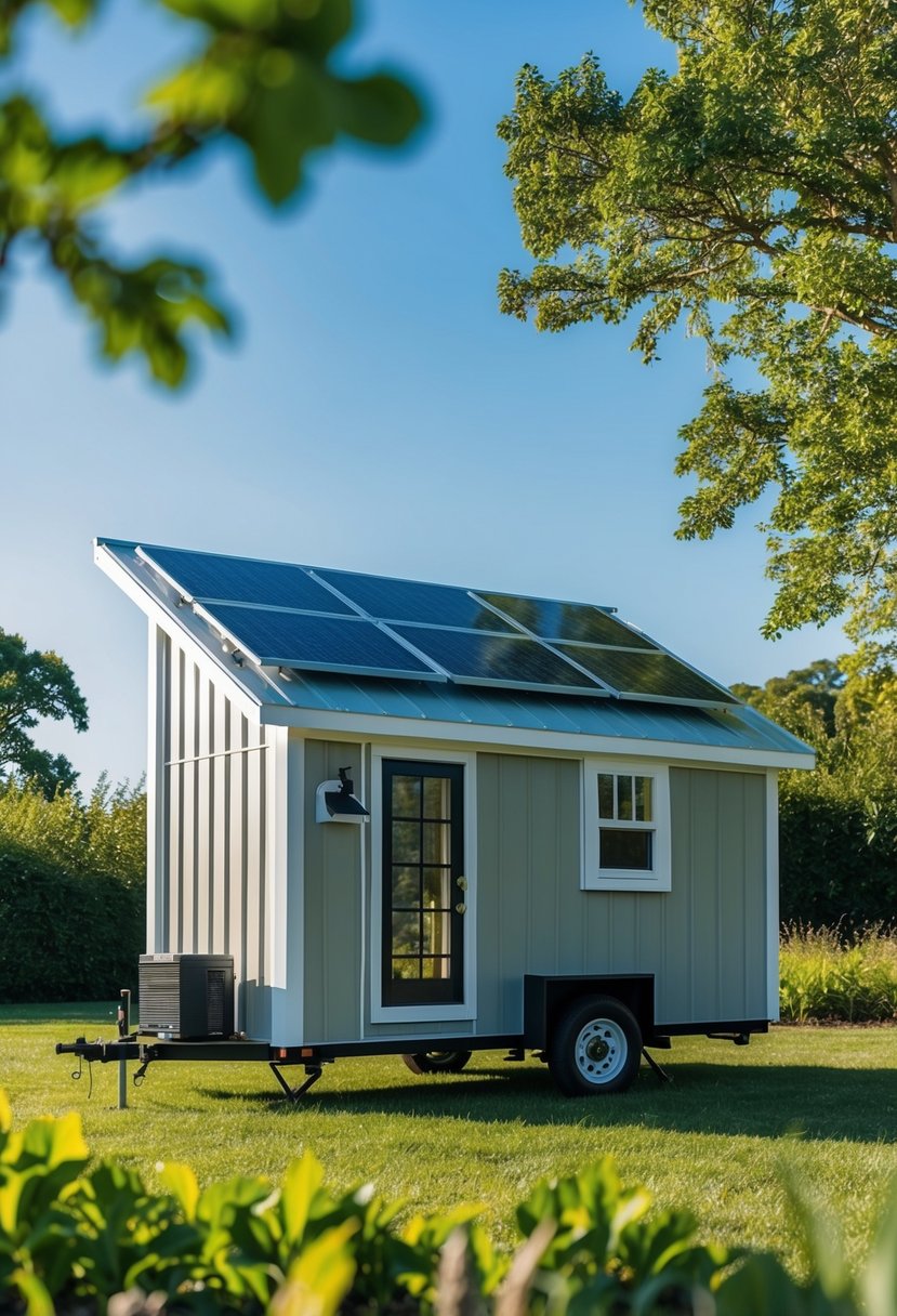 A small, modern tiny house with solar panels on the roof, surrounded by lush greenery and a clear blue sky