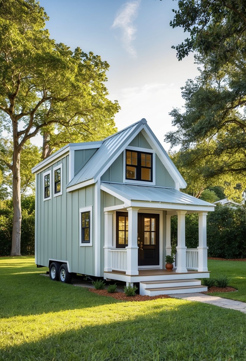 A tiny house sits on a grassy lot, surrounded by trees and a small garden. The house has a sloped roof, large windows, and a cozy porch