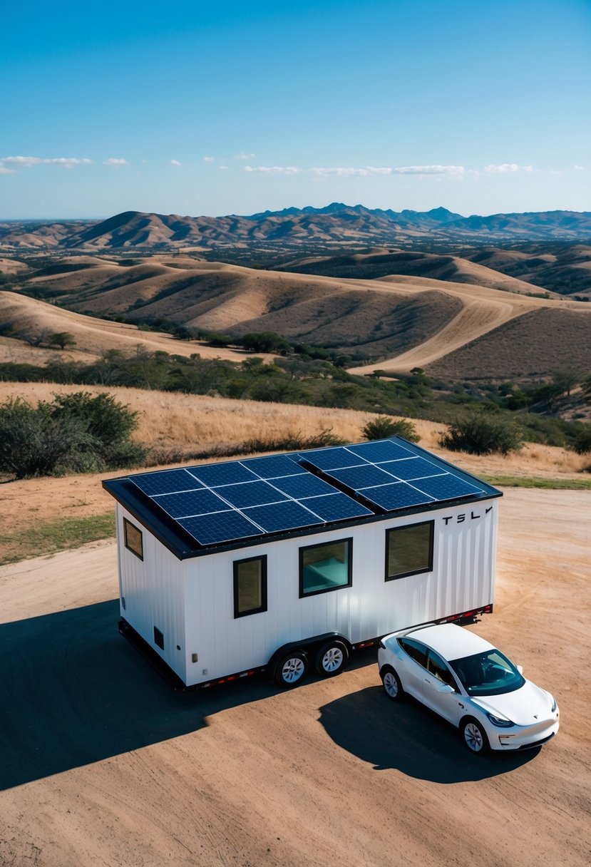 A Tesla tiny house sits on a spacious Texas property, surrounded by rolling hills and clear blue skies. The sleek, modern design of the house stands out against the natural landscape, with solar panels on the roof and a Tesla vehicle parked nearby