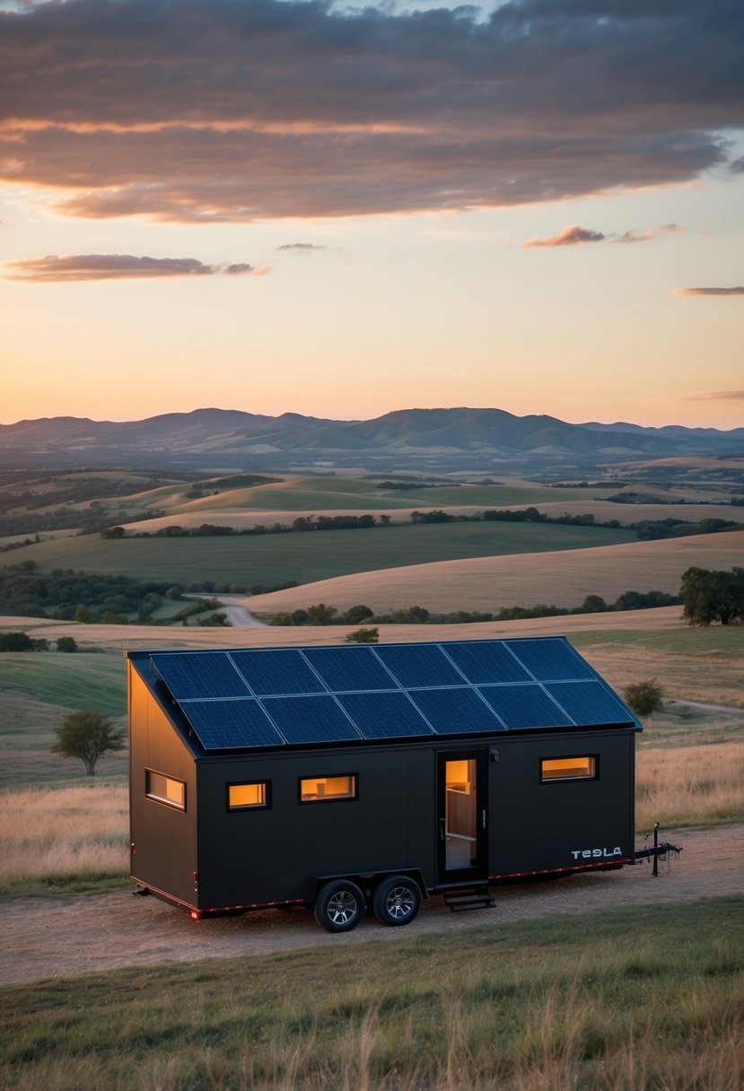 A Tesla tiny house nestled in a rural Texas landscape, surrounded by rolling hills and open skies, with solar panels and a sleek, modern design