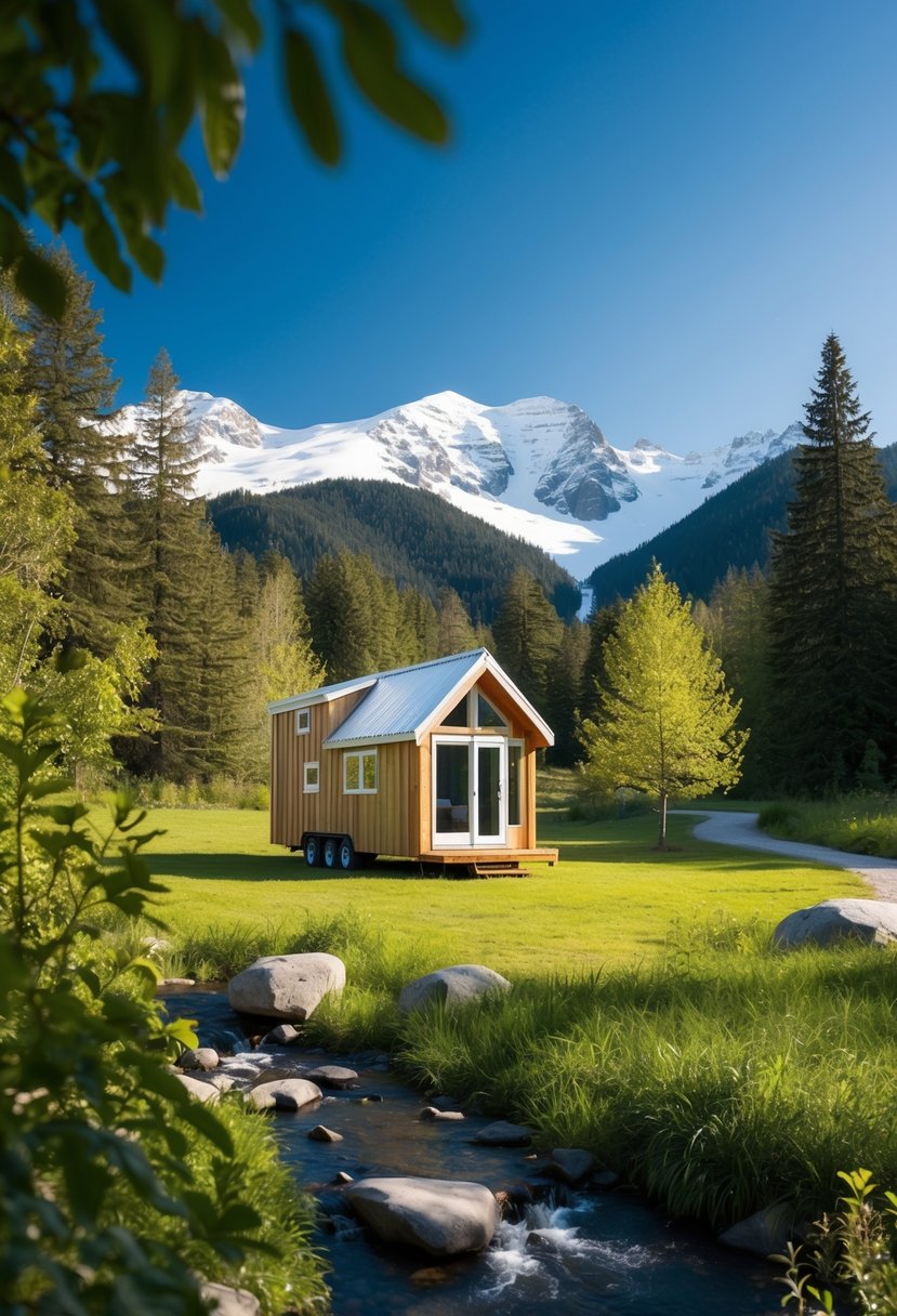 A tiny house nestled in a serene forest clearing, surrounded by lush greenery and a babbling brook. A backdrop of snow-capped mountains and a clear blue sky completes the idyllic setting