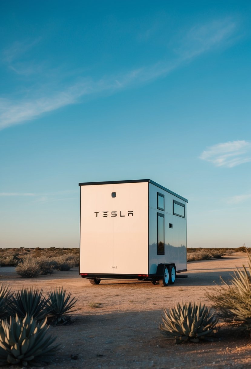 A Tesla tiny house parked in a spacious Texas landscape, surrounded by native plants and a clear blue sky