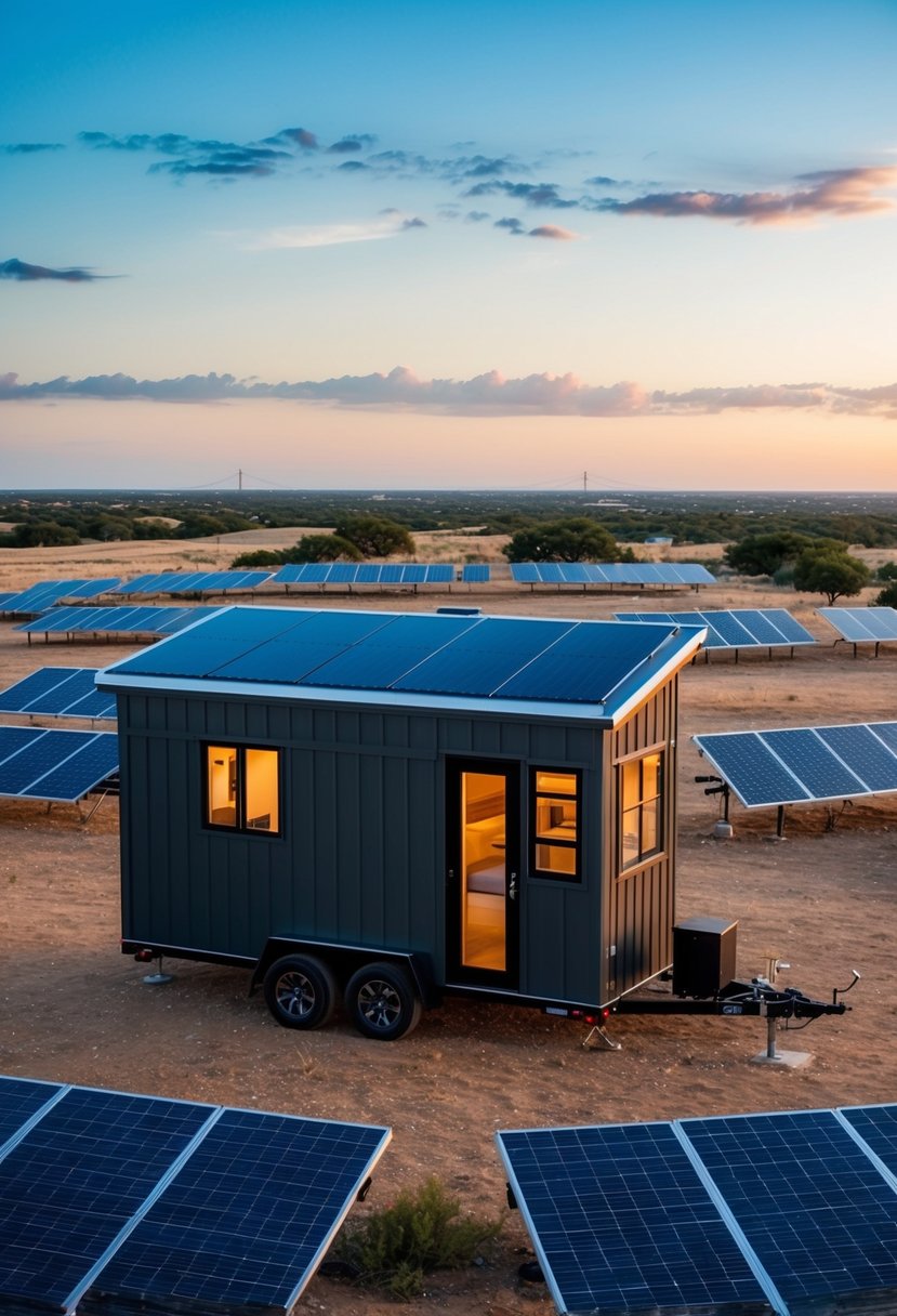 A Tesla tiny house surrounded by solar panels in a Texas landscape