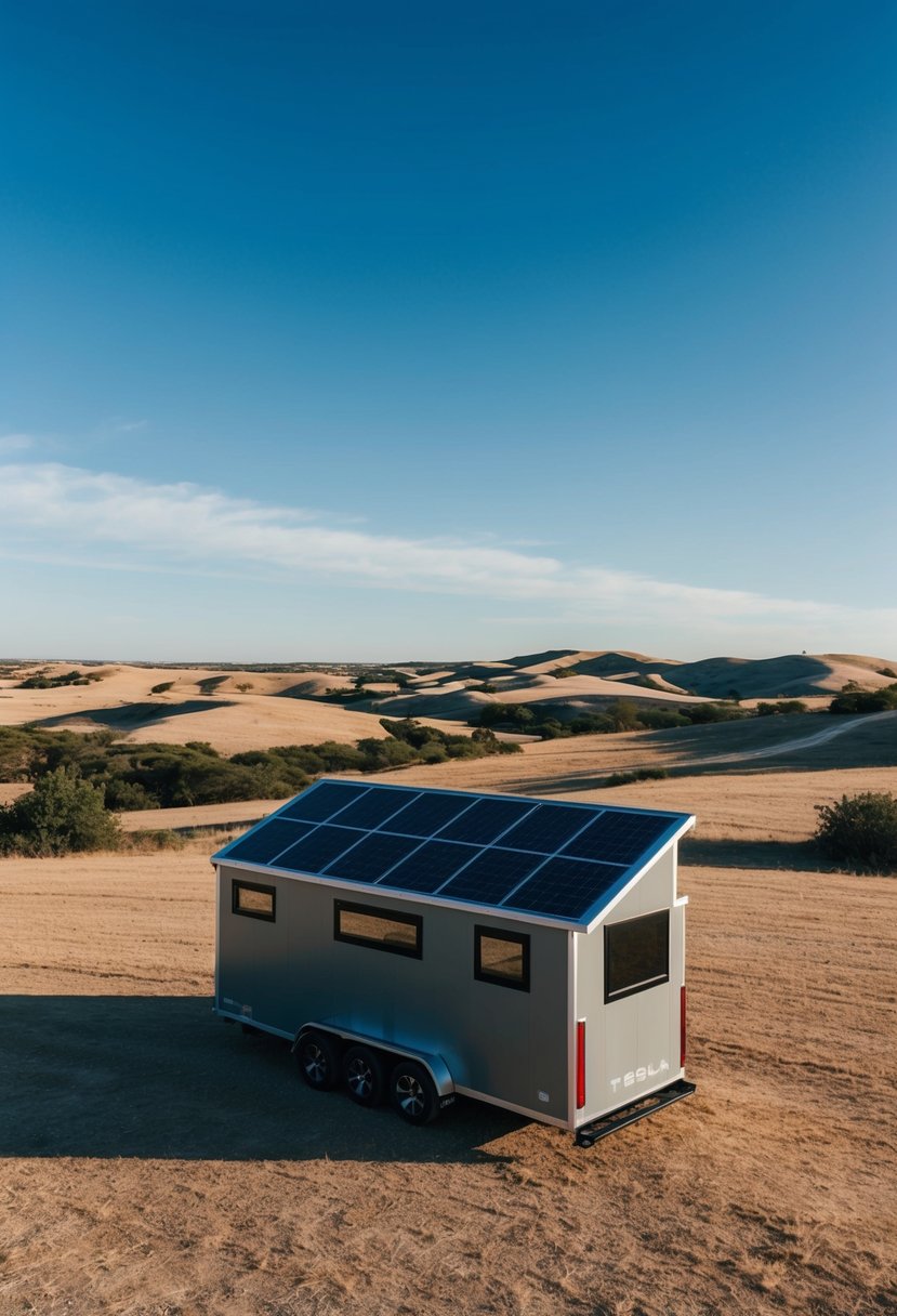 A Tesla tiny house sits on a spacious Texas property, surrounded by rolling hills and clear blue skies. Solar panels on the roof provide sustainable energy, and a sleek design exudes modern luxury