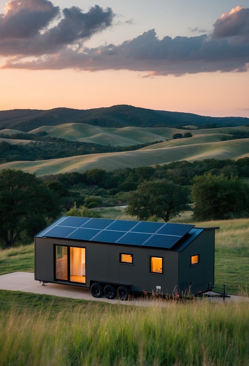 A sleek Tesla tiny house nestled among the rolling hills of Texas, surrounded by solar panels and lush greenery