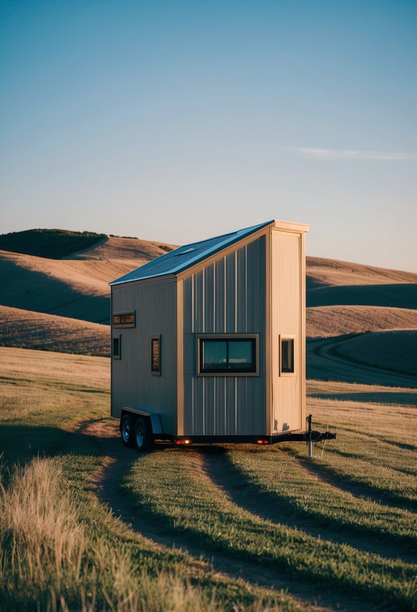 A cozy Tesla tiny house nestled in the Texas countryside, surrounded by rolling hills and a clear blue sky