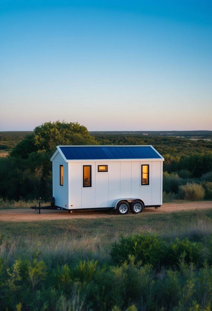 A Tesla tiny house nestled in a scenic Texas landscape, surrounded by lush greenery and under a clear blue sky