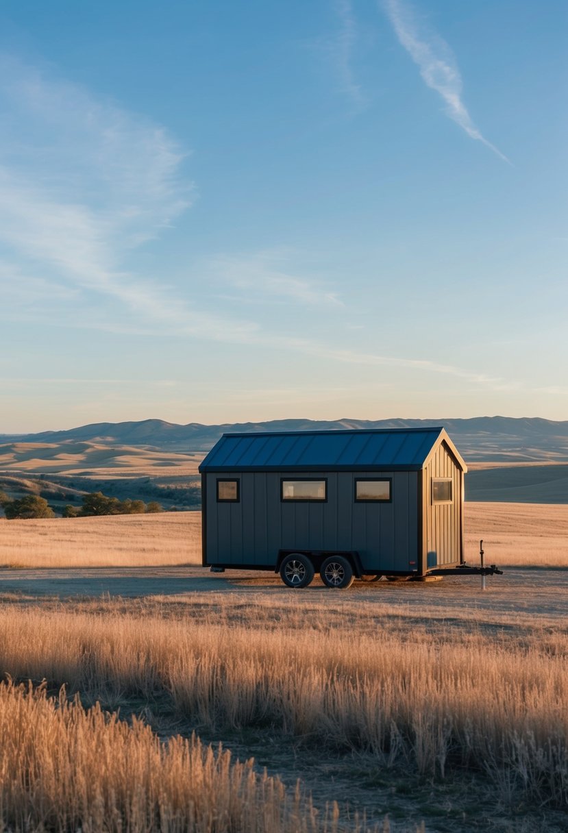 A cozy Tesla tiny house nestled in the vast Texas landscape, surrounded by rolling hills and clear blue skies