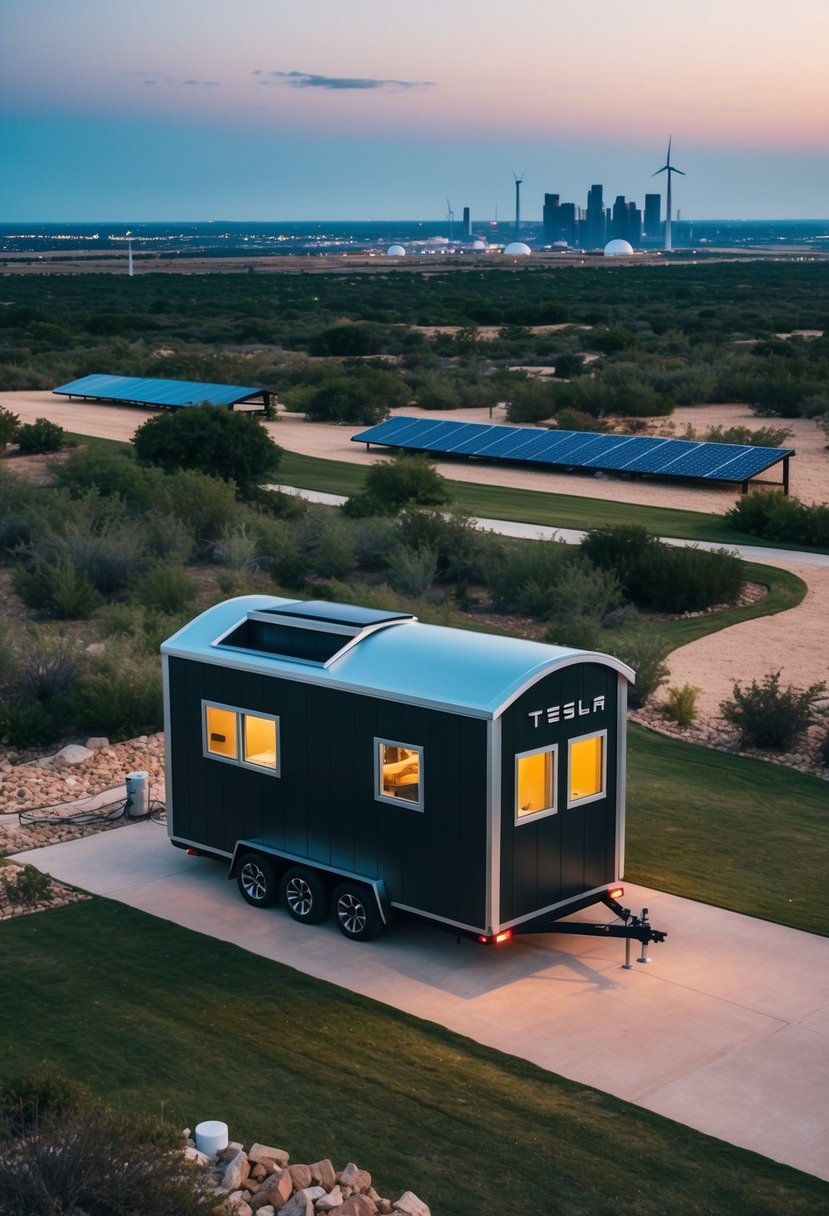 A sleek Tesla tiny house parked in a Texas landscape, surrounded by renewable energy sources and modern design elements