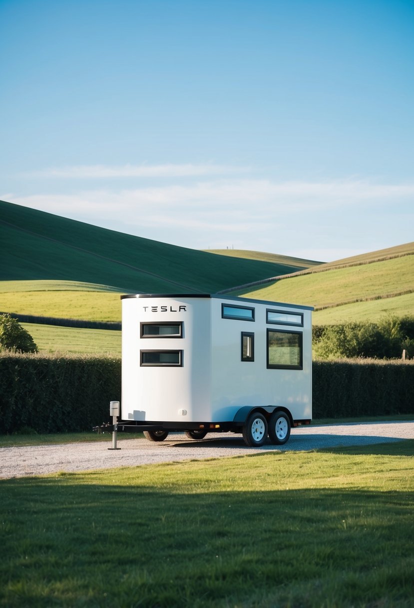 A cozy Tesla tiny house parked in a lush countryside setting, surrounded by rolling hills and a clear blue sky