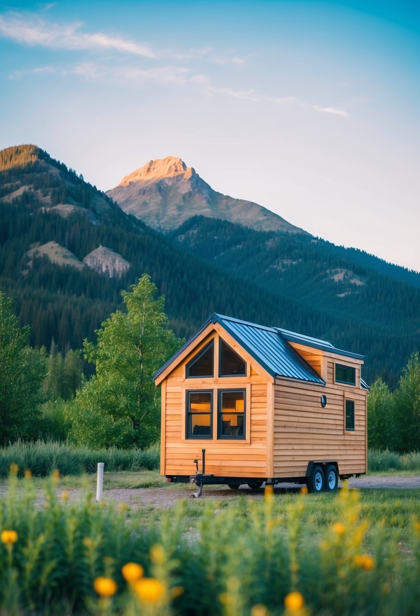 A tiny house nestled in the mountains of Idaho, surrounded by lush greenery and a clear blue sky