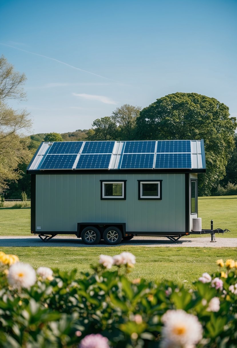 A Tesla Tiny House parked in a lush green countryside with solar panels on the roof, surrounded by blooming flowers and a clear blue sky