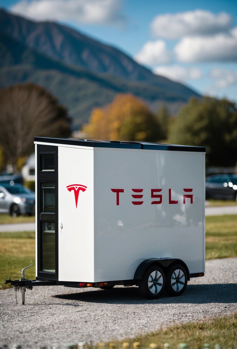 A small, sleek tiny house with Tesla branding, surrounded by mixed reviews and complaints