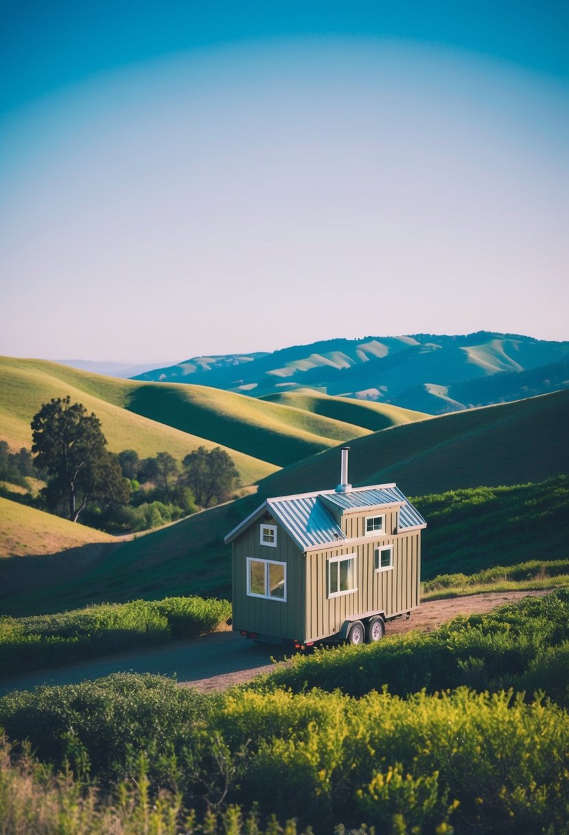 A cozy tiny house nestled among the rolling hills of California, surrounded by lush greenery and under a clear blue sky