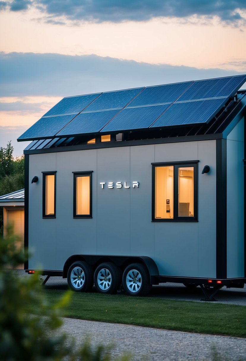 A sleek, modern tiny house with Tesla branding. Solar panels on the roof, large windows, and innovative design features