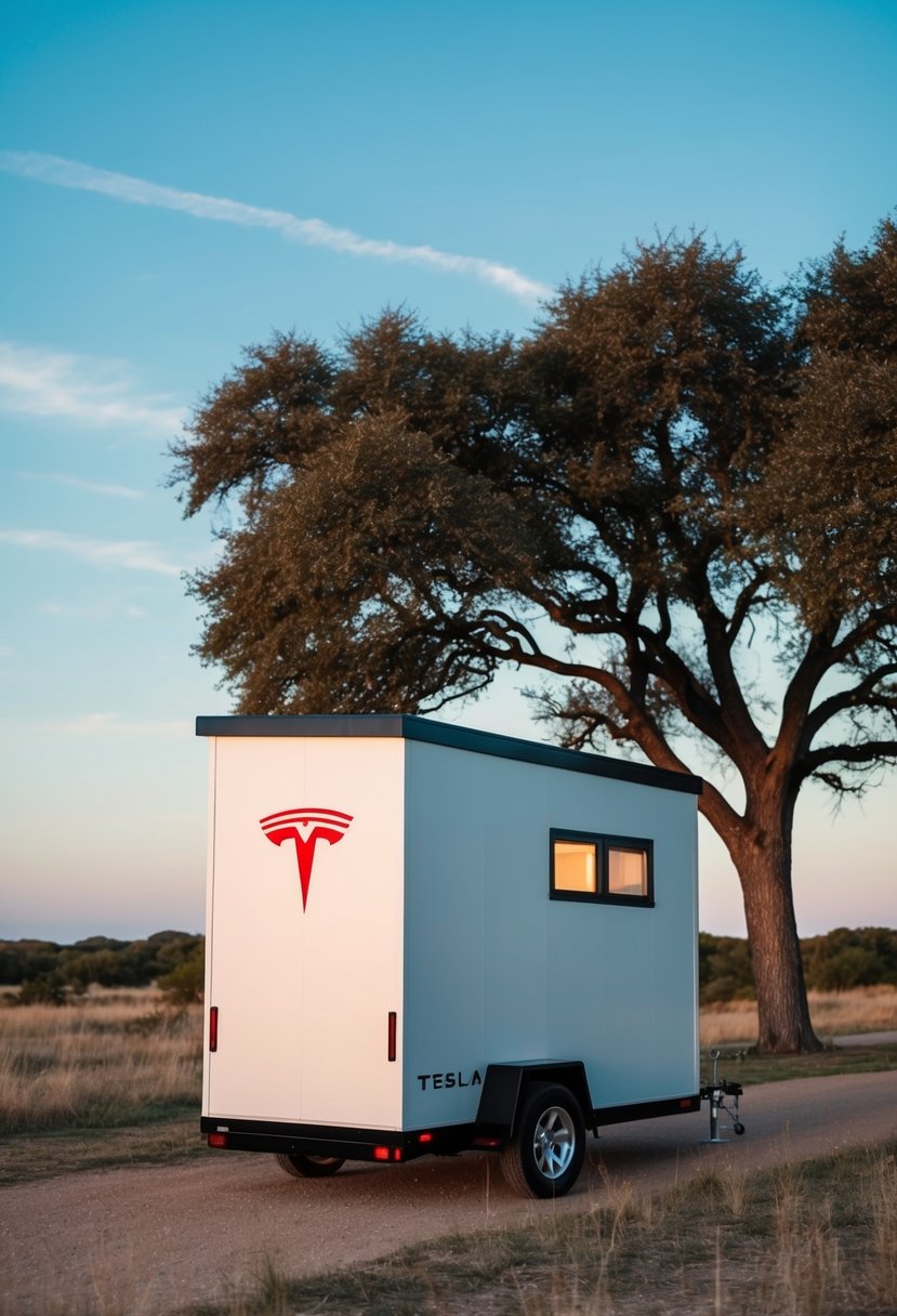 The Tesla tiny house parked in a Texas landscape, surrounded by trees and under a clear blue sky