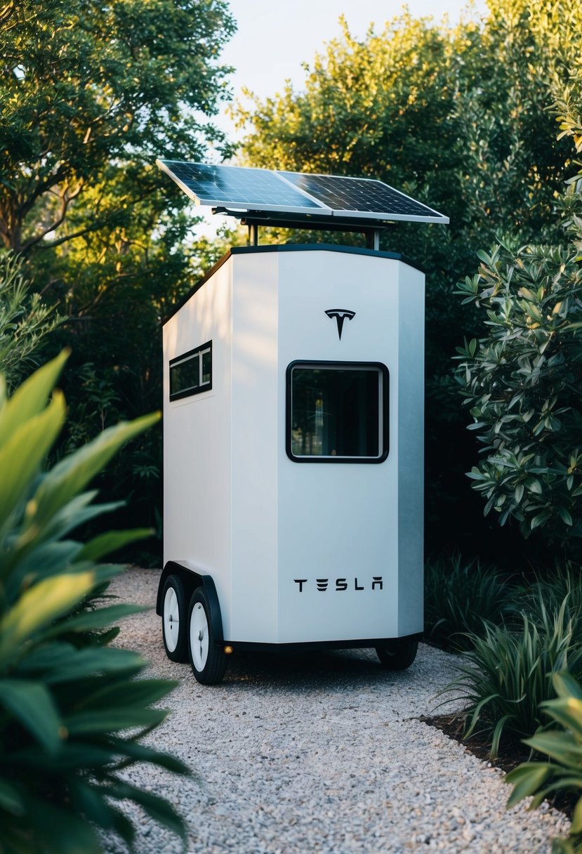 A sleek, compact Tesla tiny house surrounded by lush greenery, with solar panels on the roof and a modern, sustainable design