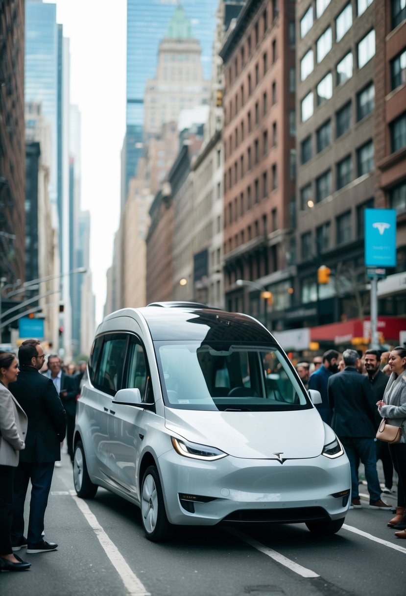 A sleek Tesla tiny house parked in a bustling New York City street, surrounded by curious onlookers and potential customers