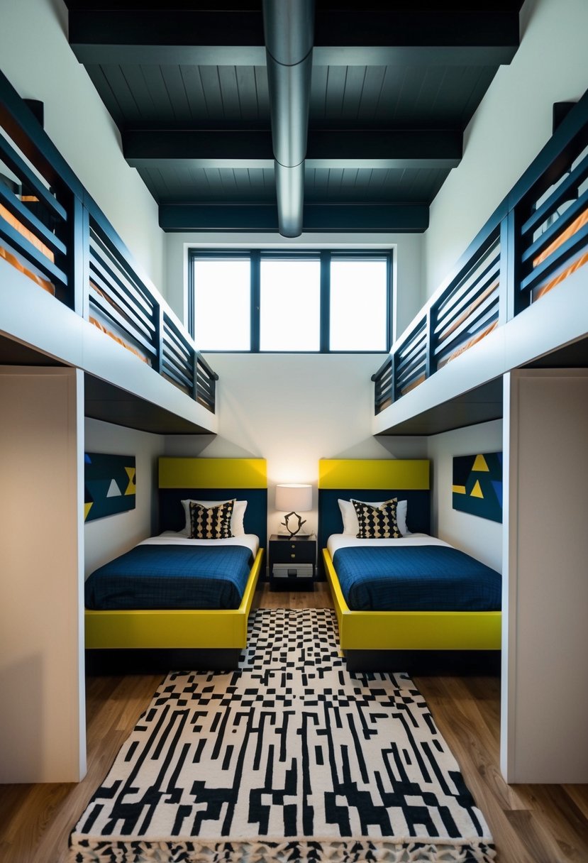 A modern loft bedroom with two identical beds, sleek furniture, and stylish decor. Bold colors and geometric patterns create a trendy and functional space for twin boys