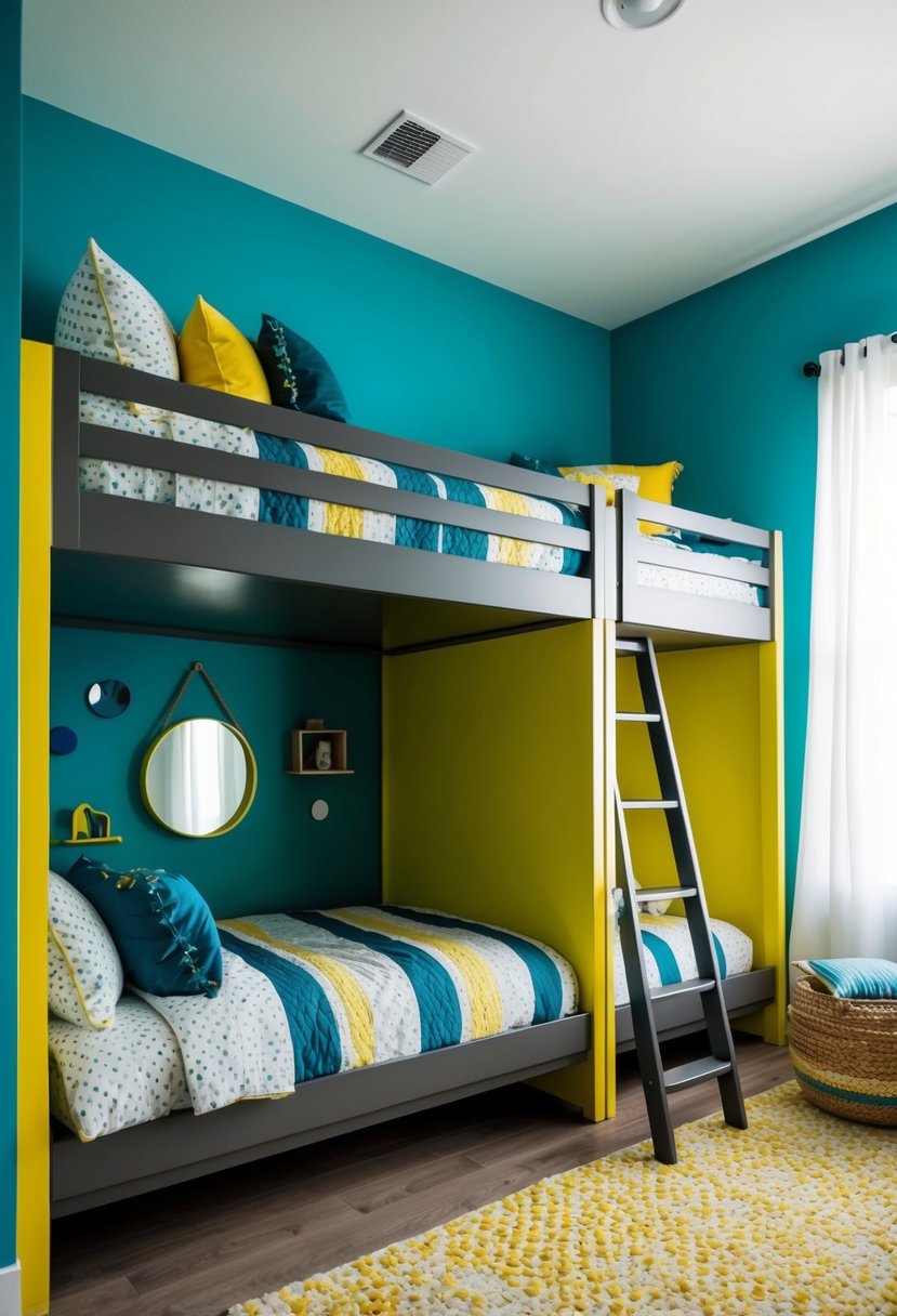 Two lofted beds with matching bedding and stylish decor. A ladder leads up to the loft area. Bright colors and modern furniture complete the room