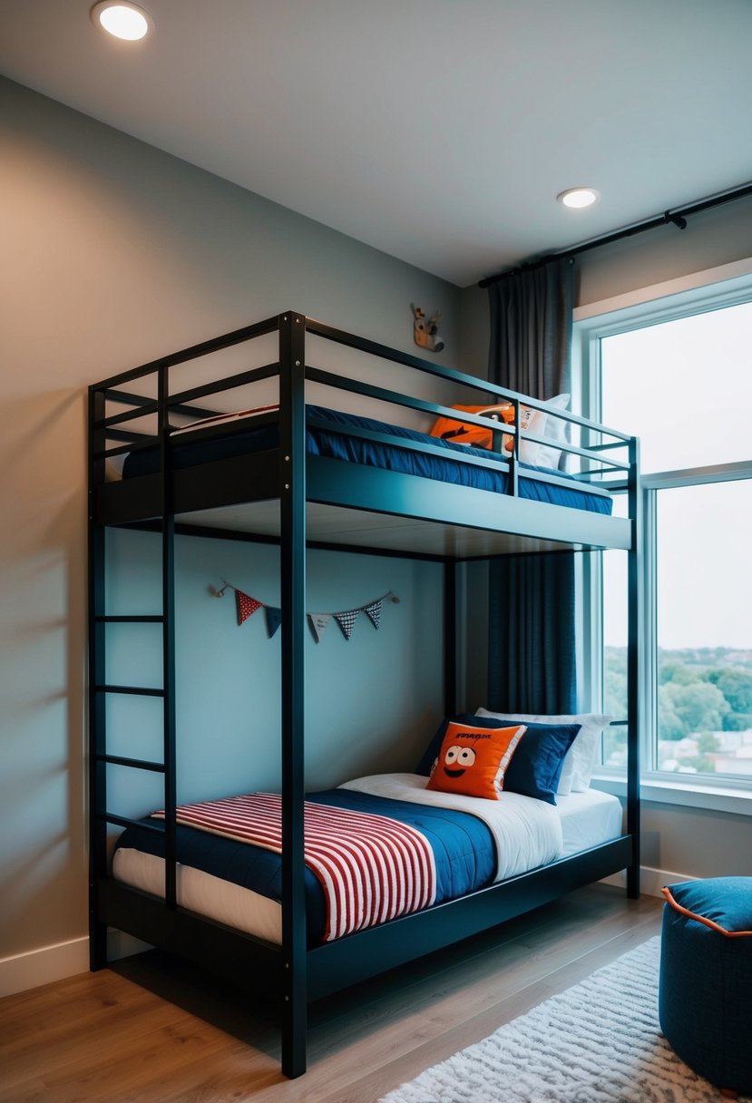 Two stylish bunk beds in a modern twin boys' loft bedroom, with sleek design and fun decor