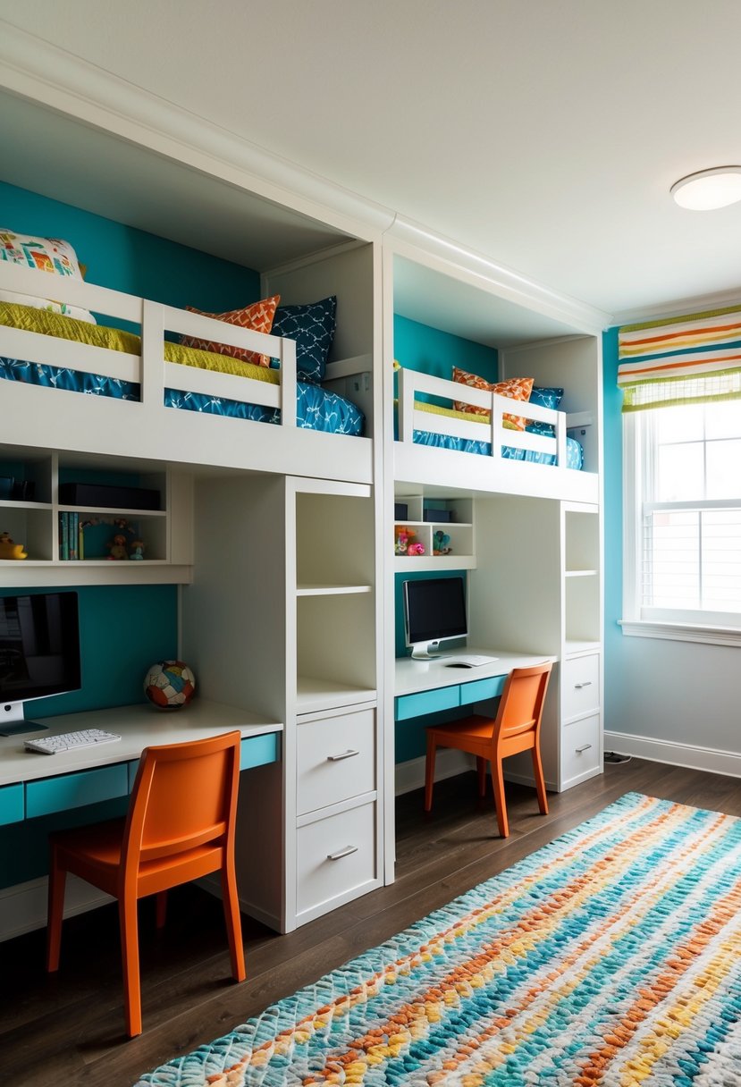 Two loft beds with built-in desks, side by side in a stylish twin boys' bedroom. Each bed is neatly made with coordinating bedding and decorative pillows. The room is bright and airy, with colorful accents and plenty of storage