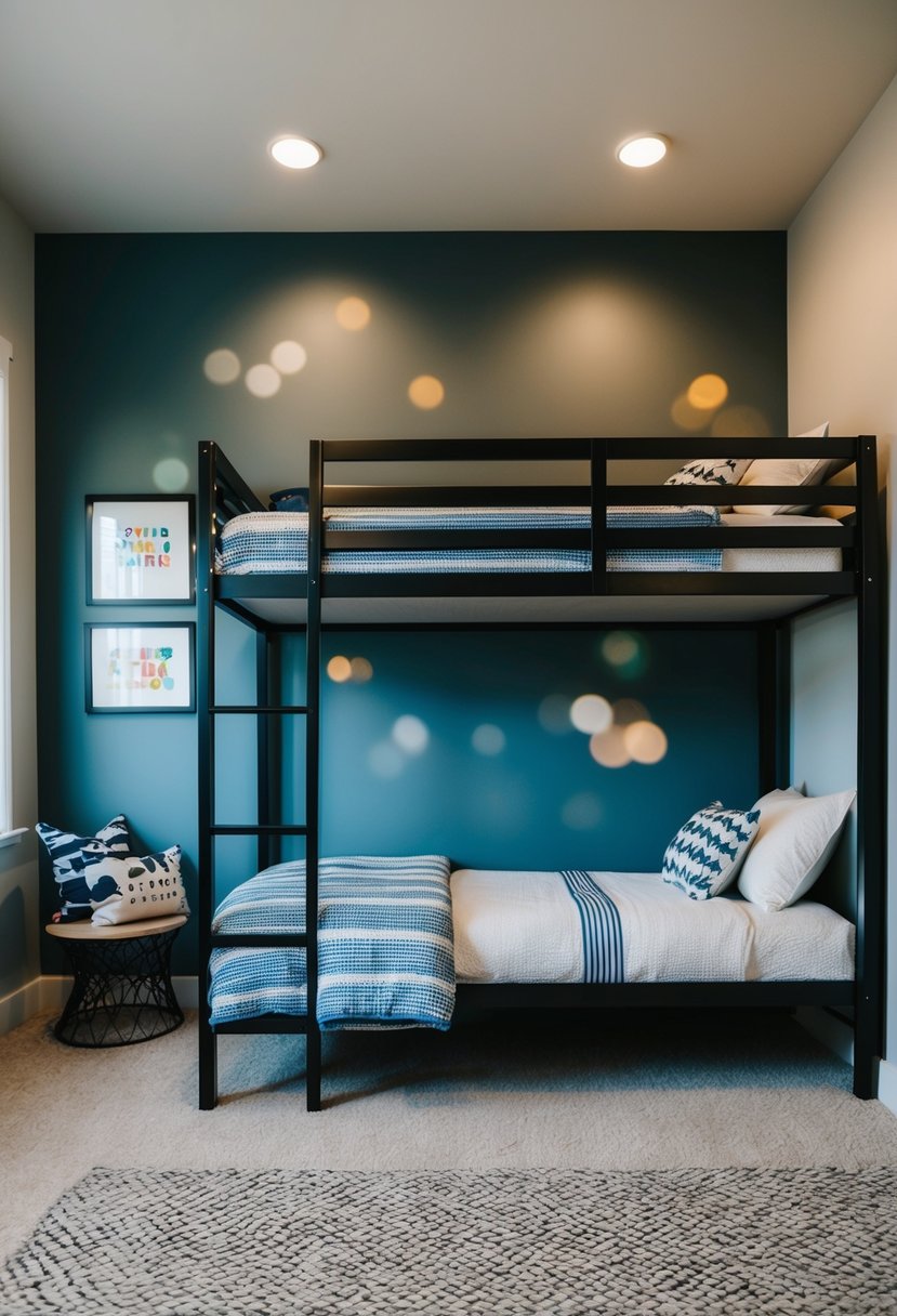 A modern kid's bedroom with loft beds, stylishly decorated for twin boys