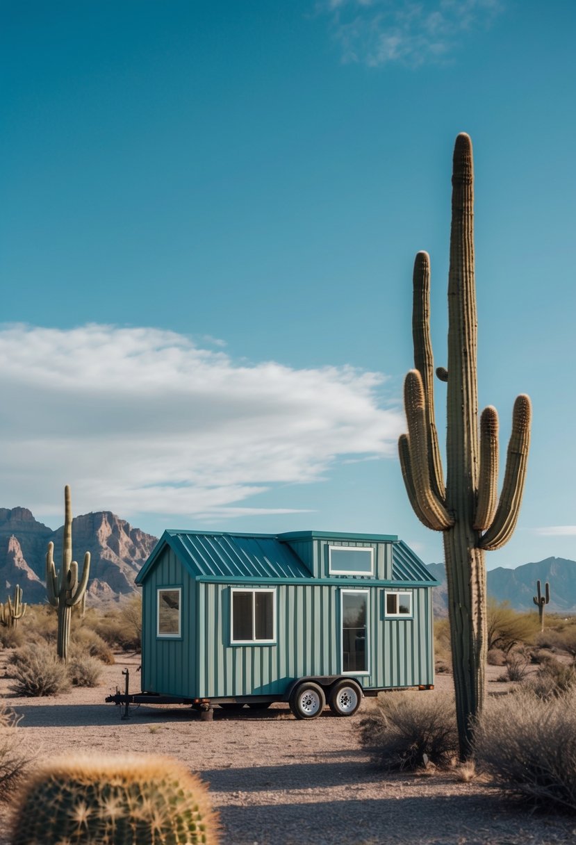 A tiny house nestled in the Arizona desert, surrounded by cacti and mountains under a clear blue sky