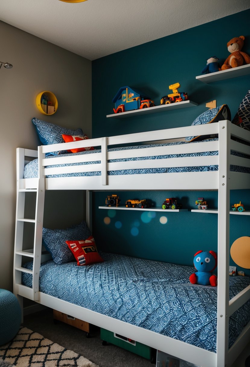 Two loft beds with stylish bedding and decor, surrounded by shelves and toys in a twin boys' bedroom