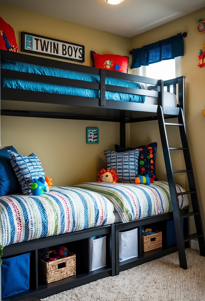 Two loft beds with stylish bedding and storage underneath in a small room. Decorated with twin boys' personal items and colorful accents