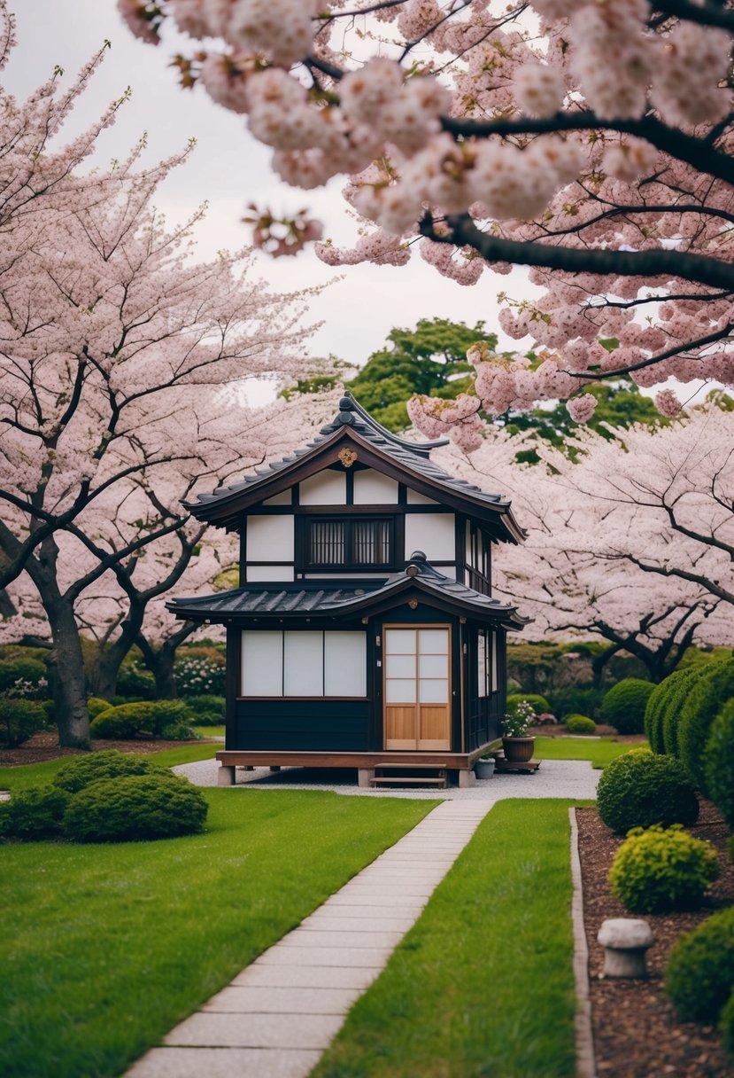 A traditional Japanese tiny house surrounded by cherry blossom trees and a serene garden