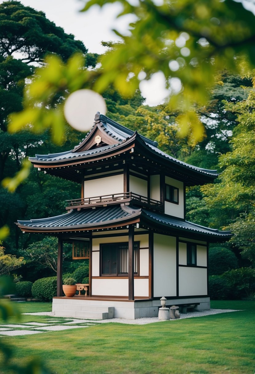 A traditional Japanese tiny house with meticulous craftsmanship and minimalist design, surrounded by serene nature