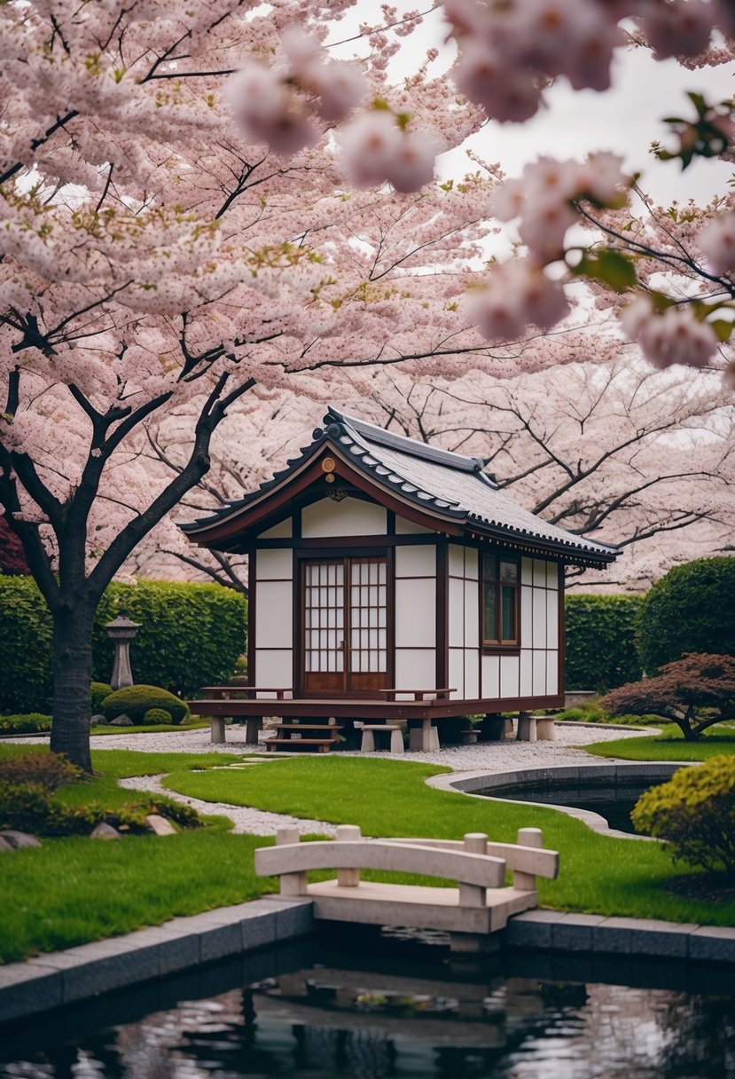 A traditional Japanese-style tiny house surrounded by cherry blossom trees and a serene garden with a small bridge and koi pond