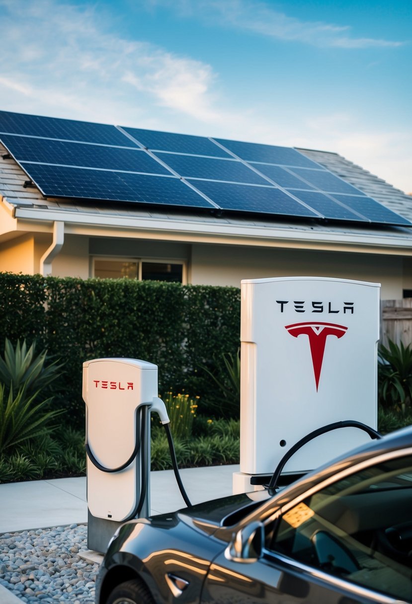 A Tesla Home with solar panels and a Powerwall battery system, surrounded by a lush garden and electric car charging station