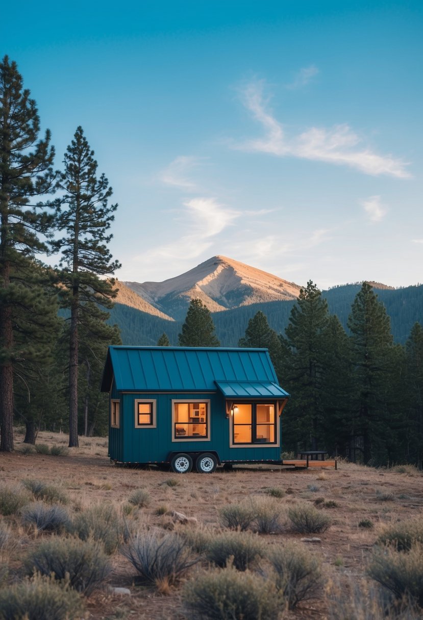 A tiny house nestled in the Colorado mountains, surrounded by pine trees and a clear blue sky