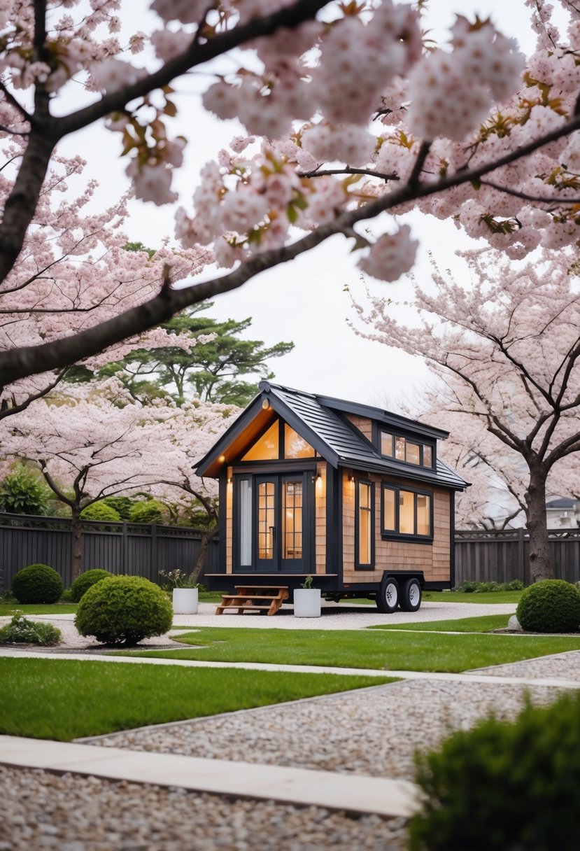 A cozy Japanese-style tiny house surrounded by cherry blossom trees and a serene garden