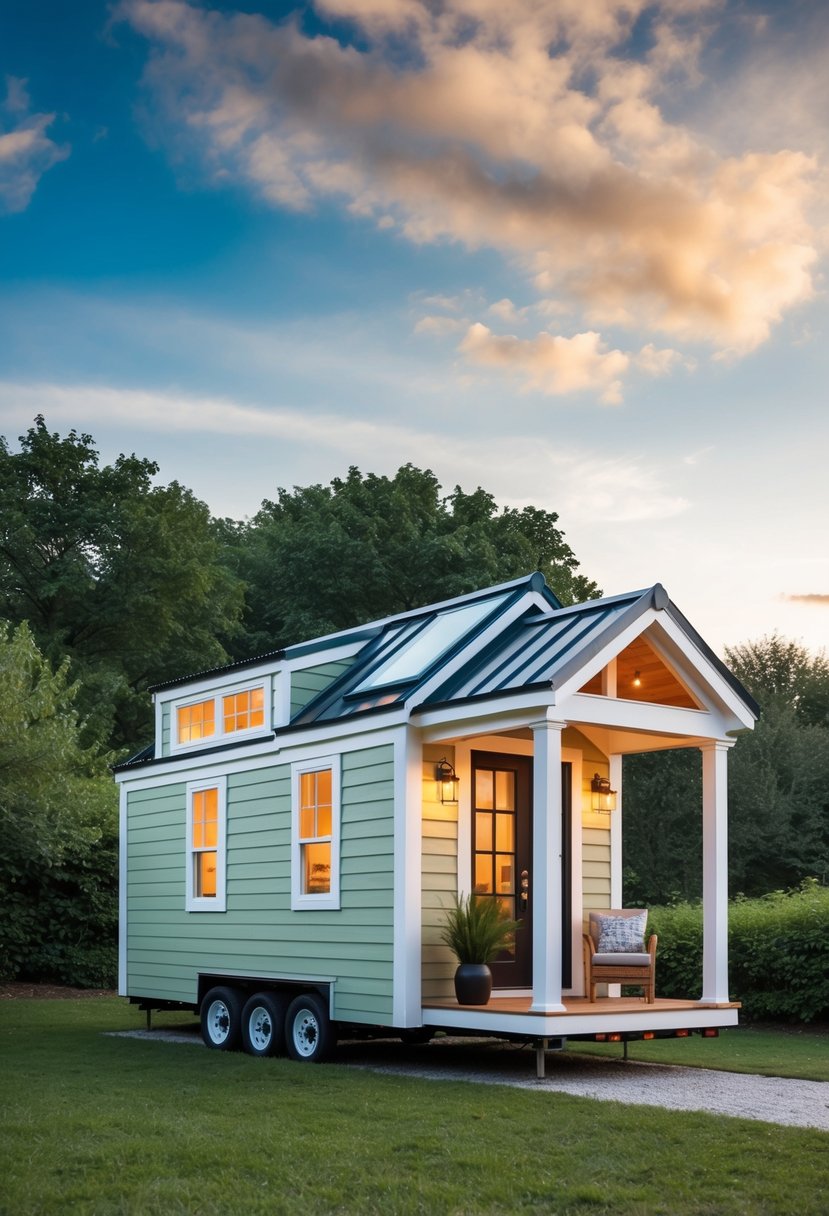 A cozy tiny house with a porch connected to an extension, surrounded by greenery and a peaceful setting