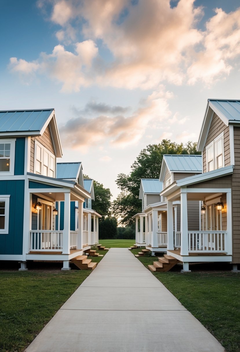 A cluster of tiny homes connected by a large porch, each with unique architectural extensions and design features