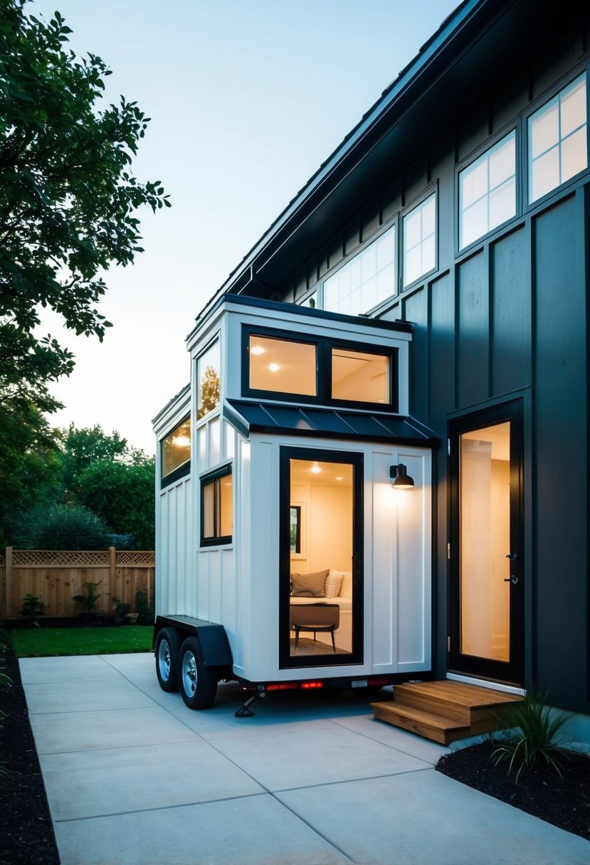 A small, modern tiny house is seamlessly attached to the side of a larger main house, creating a unique and stylish extension