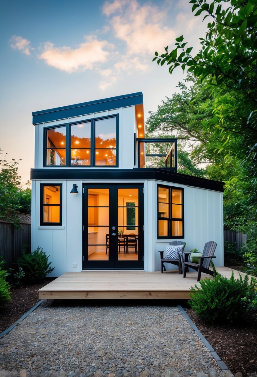 A cozy tiny house with a modern extension featuring large windows, a small deck, and greenery surrounding the exterior