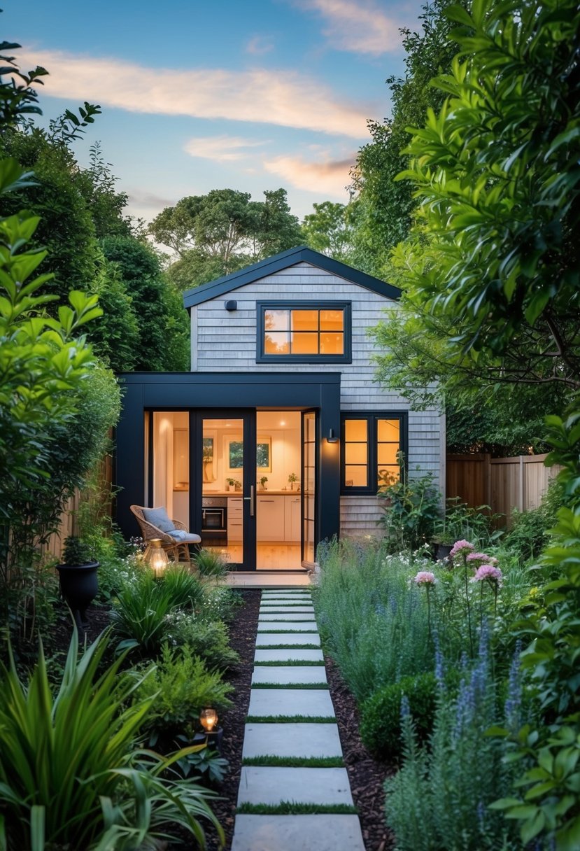 A cozy tiny home nestled in a lush garden, with a modern extension seamlessly blending into the natural surroundings