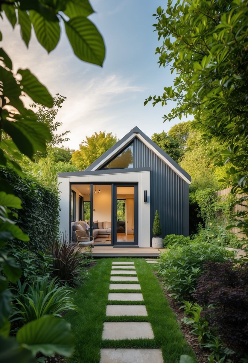 A cozy tiny home nestled in a lush garden, with a modern extension seamlessly blending into the natural surroundings