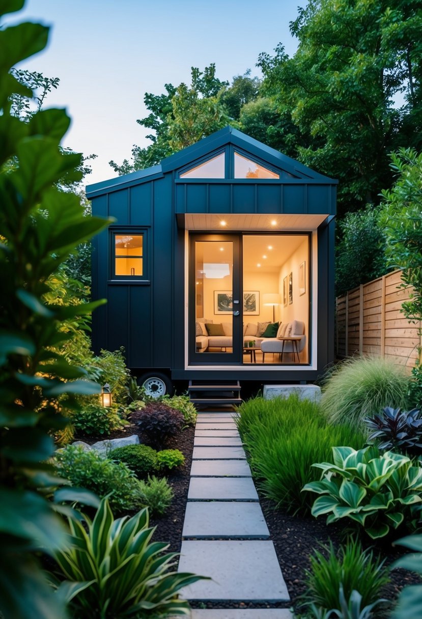 A cozy tiny home nestled in a lush garden, with a modern extension seamlessly blending in