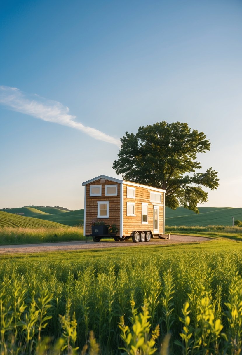 A tiny house nestled in the serene Kansas countryside, surrounded by rolling hills and vibrant greenery. A clear blue sky and a gentle breeze complete the tranquil setting