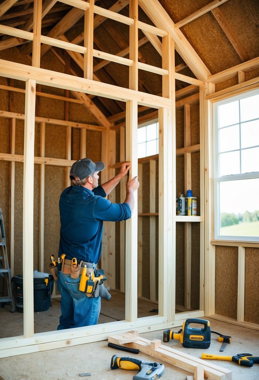 A 12x24 shed with windows and a double door, surrounded by trees and a clear blue sky