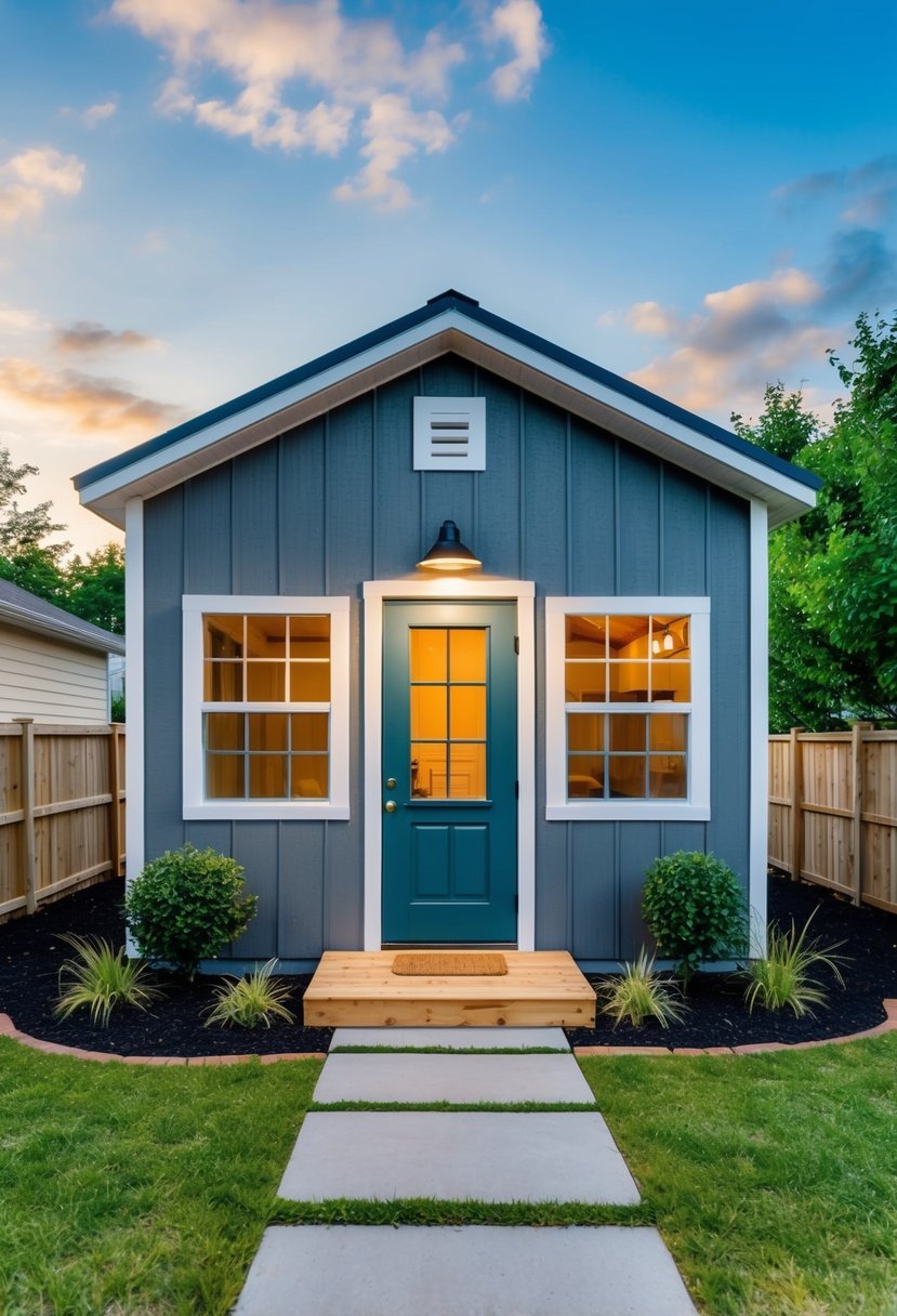 A 12x24 shed with windows and a door converted into a cozy, modern living space with a small porch and surrounding landscaping